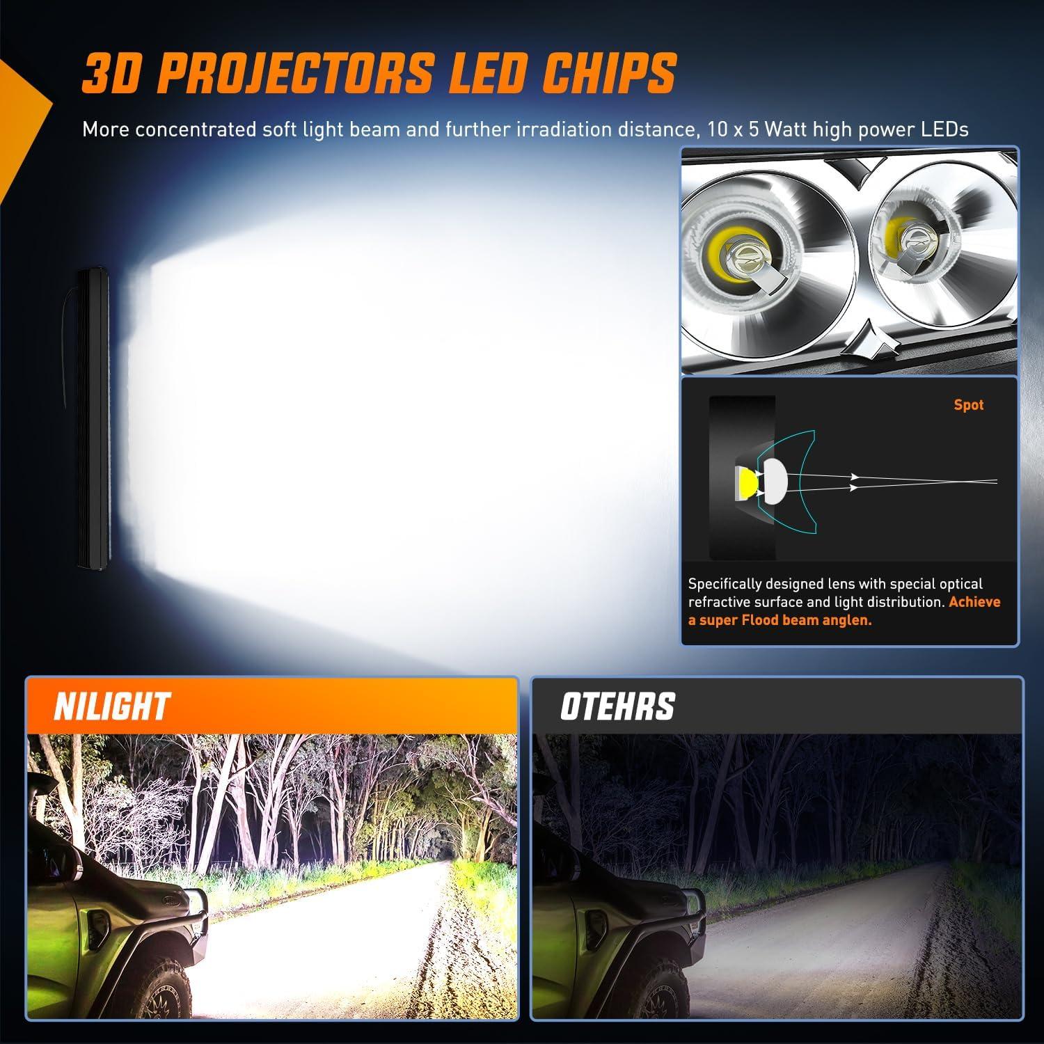 imageNilight 2PCS 11 Inch 50W Super Slim Flood Led Light Bar 5000LM Driving Fog Light Single Row Off Road led Lights for Jeep 2 Style Mounting Brackets 2 years Warranty50W Light Wiring Harness