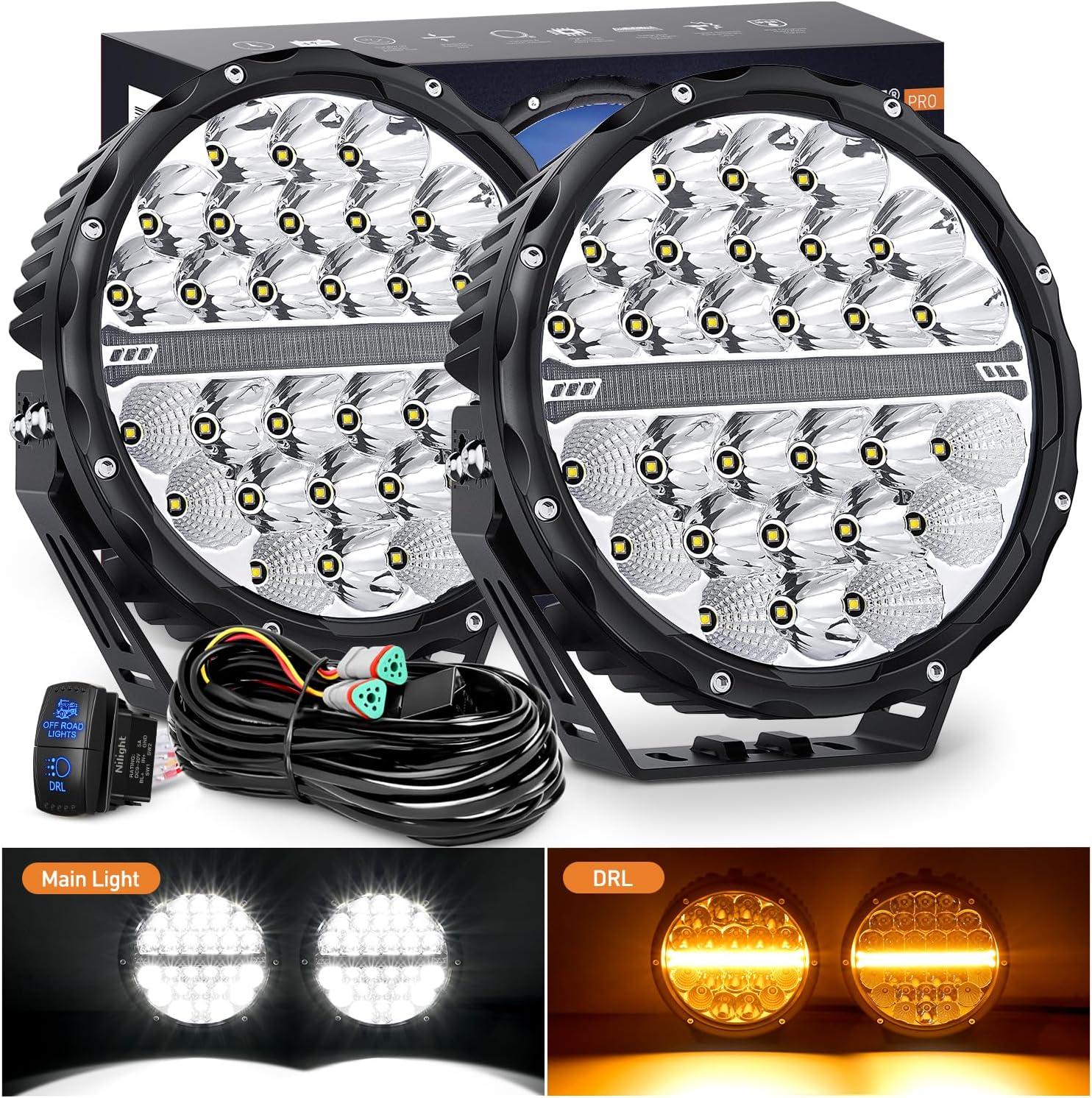imageNilight 9 Inch Round Offroad LED Driving Lights with DRL 2PCS 140W 15560LM IP68 Spot Flood Combo Work Light with 12AWG DT Connector Wiring Harness Kit for 4x4 Jeep Truck ATV UTV SUV 5 Year WarrantyAmber DRL