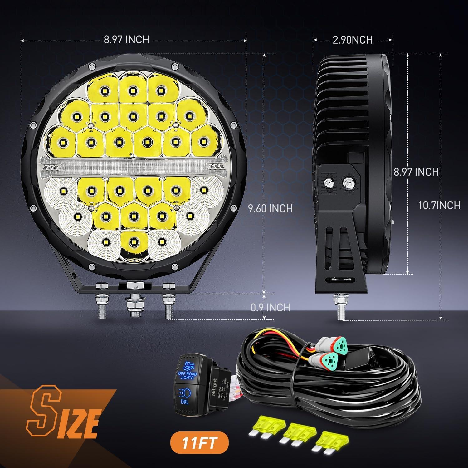 imageNilight 9 Inch Round Offroad LED Driving Lights with DRL 2PCS 140W 15560LM IP68 Spot Flood Combo Work Light with 12AWG DT Connector Wiring Harness Kit for 4x4 Jeep Truck ATV UTV SUV 5 Year WarrantyAmber DRL