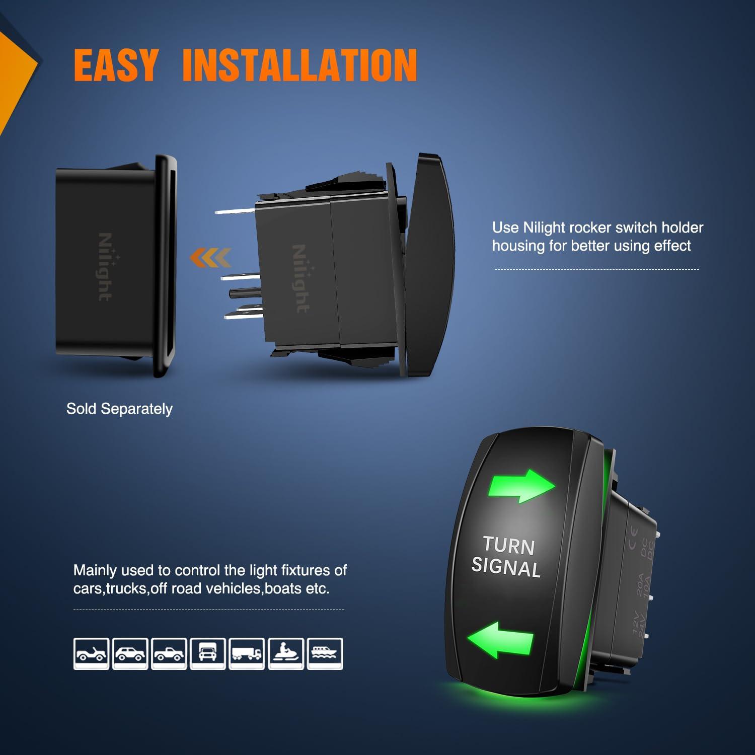 imageNilight 90004B Bumper Light Bar Rocker Switch Led Light Bar 5 Pin Laser OnOff Switch 20A12V 10A24V Switch Jumper Wires SetGreen Turn Signal wFlasher