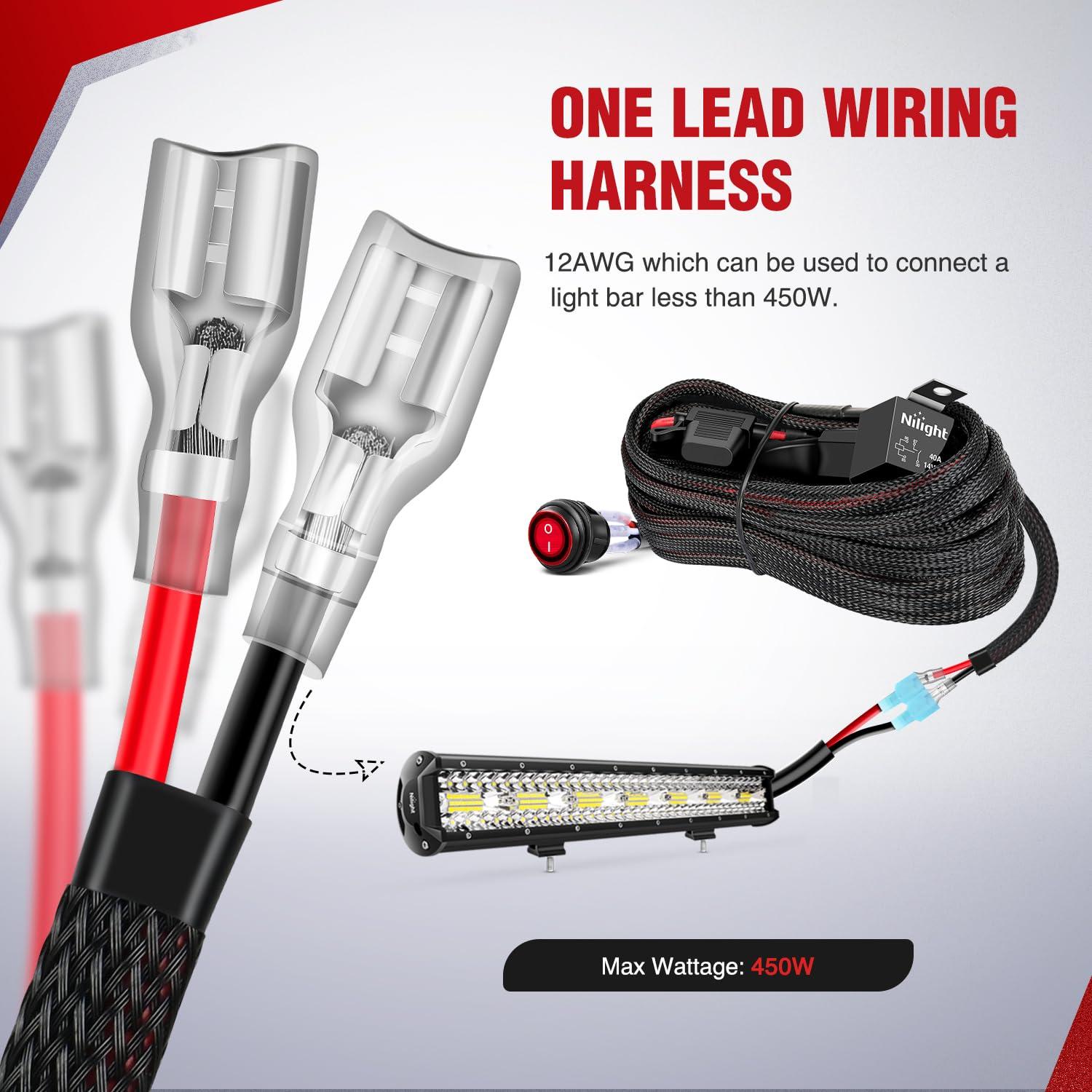 imageNilight Wiring Harness Kit Nylon 16 AWG 2 Leads 12 V On Off Switch Power Relay Blade Fuse for LED Light Bar Off Road Lights on Cars Jeep Boat Trucks12AWG1 LeadNylon Wire Loom