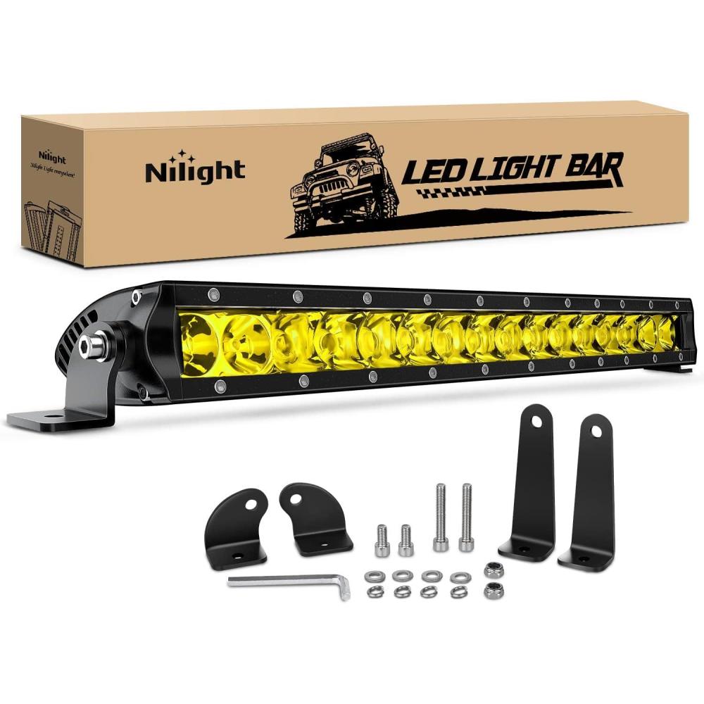 imageNilight NI04100W 17quot 80w LED Work Light Single Row Spot Flood Combo LED Light Bar Driving Lights Offroad Lighting 2 Style Mounting Brackets2 years WarrantyYellow