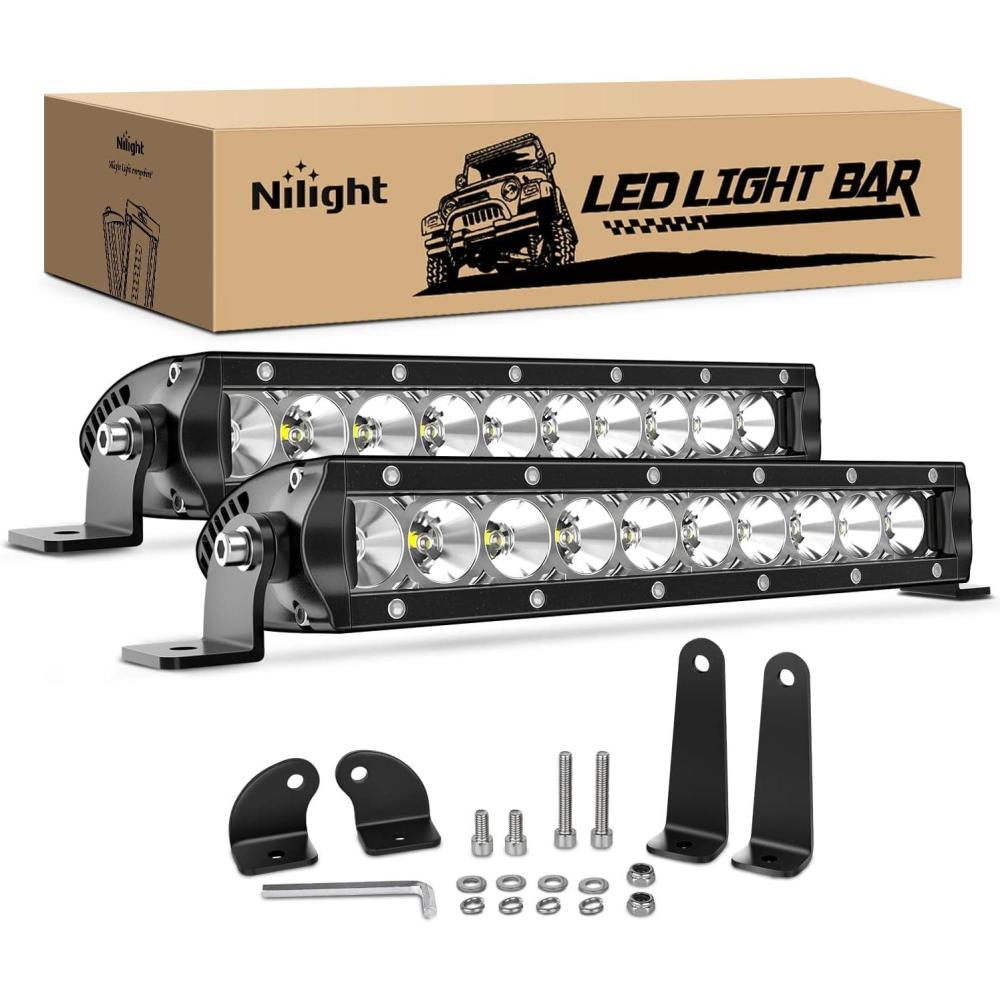 imageNilight 2PCS 11 Inch 50W Super Slim Flood Led Light Bar 5000LM Driving Fog Light Single Row Off Road led Lights for Jeep  2 Style Mounting Brackets 2 years Warranty11 Inch White Light