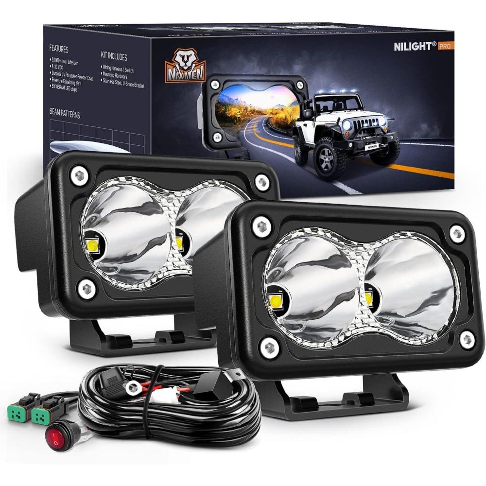 imageNilight 2PCS 3Inch Motorcycle Led Pods 1300LM Builtin EMC Driving Light Super Spotlight Offroad Fog Auxiliary Lamp for Motorbike SUV ATV Truck Boat Tractor ForkliftWhite Led Pods Wiring harness