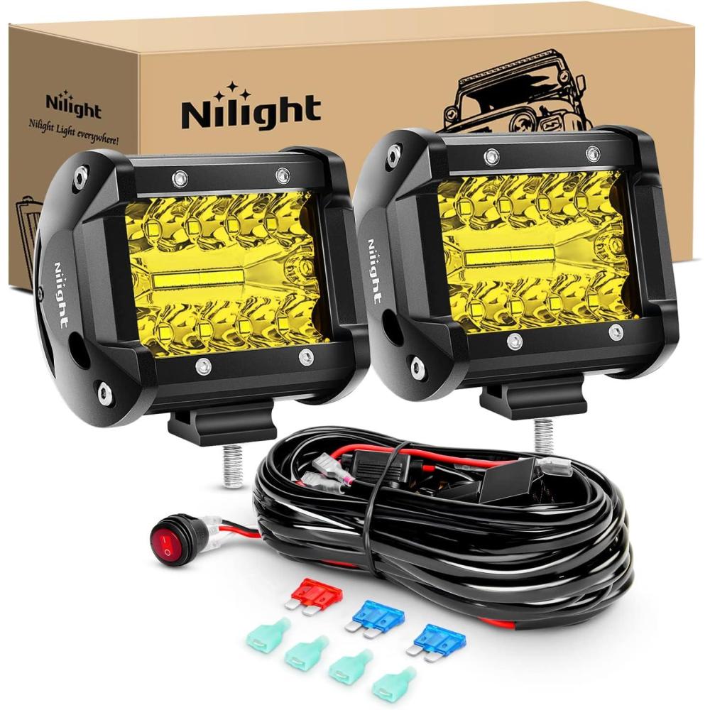 imageNilight 2PCS 4Inch 60W LED Pods Spot Flood Amber White Light Bar Strobe 6 Modes Memory Function OffRoad Truck Car ATV SUV Cabin Boat with 16AWG Wiring Harness Kit2 Lead 2 Years WarrantyYellow