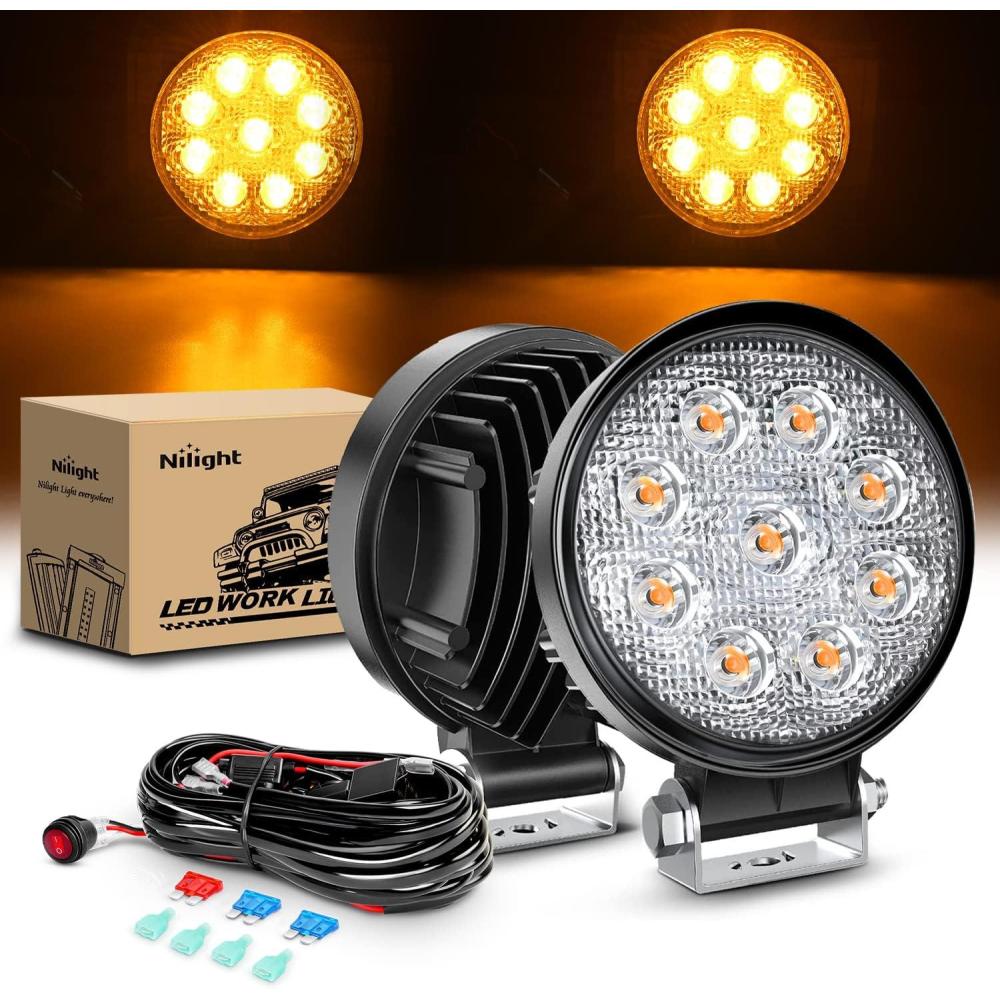 imageNilight LED Light Bar 2PCS 45 Inch 27W Amber Pods Round Spot Lighting Off Road Fog Driving Roof Bar Bumper for SUV Truck with 16AWG Wiring Harness Kit 2 Leads