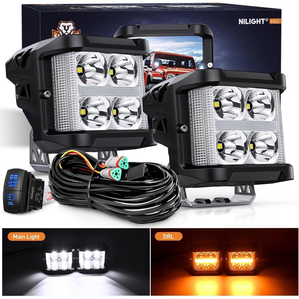 imageNilight Side Shooter LED Light Pods with DRL 4 Inch 26W Spot Flood Combo LED Cubes Light w 16AWG Wiring Kit for Fog Light Driving Light Auxiliary Light on Truck ATV UTV 5 Years Warranty White4LED Sideshooter Spot Pod w Amber DRL