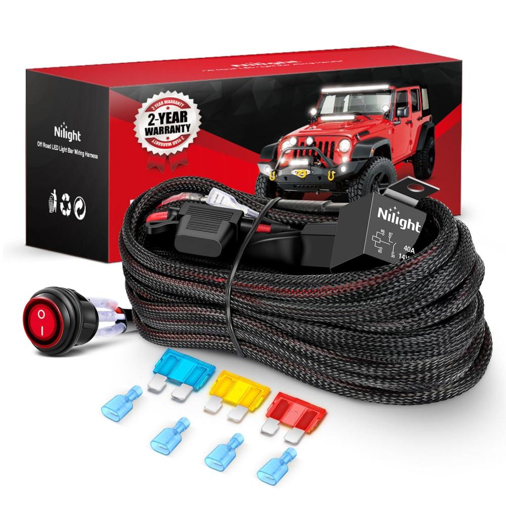 imageNilight Wiring Harness Kit Nylon 16 AWG 2 Leads 12 V On Off Switch Power Relay Blade Fuse for LED Light Bar Off Road Lights on Cars Jeep Boat Trucks14AWG2 LeadNylon Wire Loom
