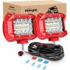 Nilight 2PCS 4Inch 60W LED Pods Spot Flood Amber White Light Bar Strobe 6 Modes Memory Function Off-Road Truck Car ATV SUV Cabin Boat with 16AWG Wiring Harness Kit-2 Lead, 2 Years Warranty(White Light with Red Shell)