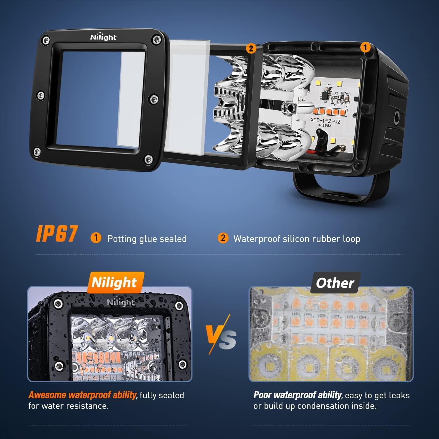 imageNilight 2Pcs 3Inch Amber LED Pods 42W LED Cubes Upgraded Spot Flood Combo Driving Backup Light Reverse Light with Off Road Wiring Harness Kit 2 Leads for Trucks ATV UTV SUVAmberWhite 6 Modes