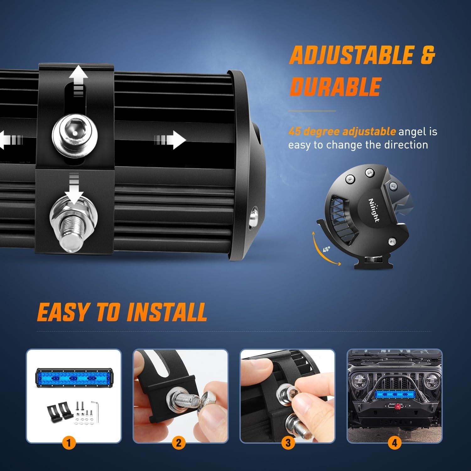 imageNilight LED Light Bar 12Inch 300W Flood Spot Combo Triple Row Driving Lamp Roof Bumper Off Road Work Lights for Van Camper Wagon Car Pickup Golf Cart ATV UTV SUV Truck Boat 4x4Blue