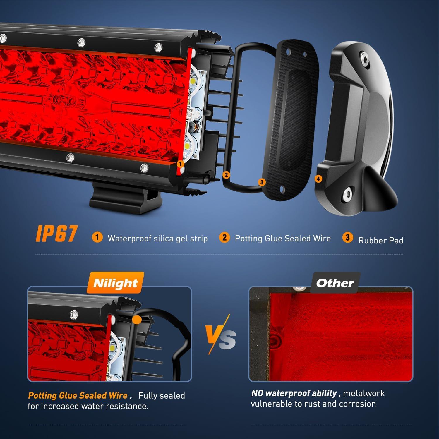 imageNilight LED Light Bar 20Inch 420W Flood Spot Combo Triple Row Driving Lamp Roof Bumper Off Road LED Work Lights Pods for Van Camper Wagon Car Pickup Golf Cart ATV UTV SUV Truck Boat 4x4Red