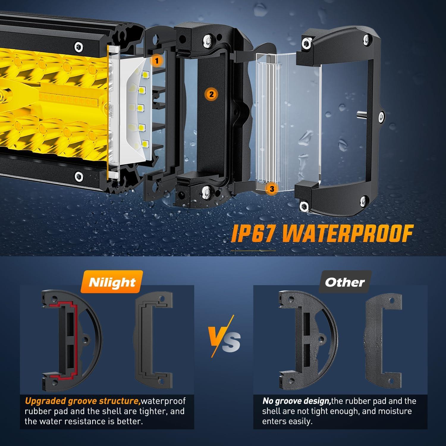 imageNilight LED Light Bar Set 12 Inch 300W Triple Row Spot Flood Combo Work Driving Lamp 2 Pcs 4 inch 60 W with Wiring Harness for Off road ATV Boat Lighting Year Warranty12 Inch Yellow Side Shooter Light Wiring harness