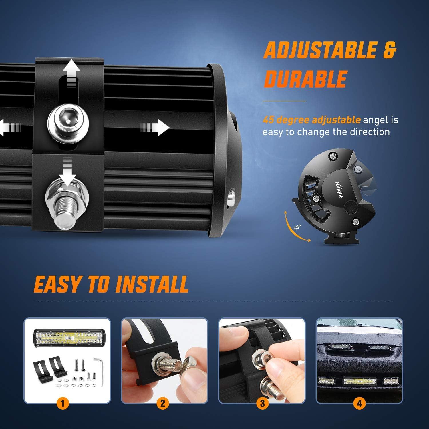 imageNilight LED Light Bar Set 12 Inch 300W Triple Row Spot Flood Combo Work Driving Lamp 2 Pcs 4 inch 60 W with Wiring Harness for Off road ATV Boat Lighting Year Warranty12Inch lights 4Pcs 4Inch pods