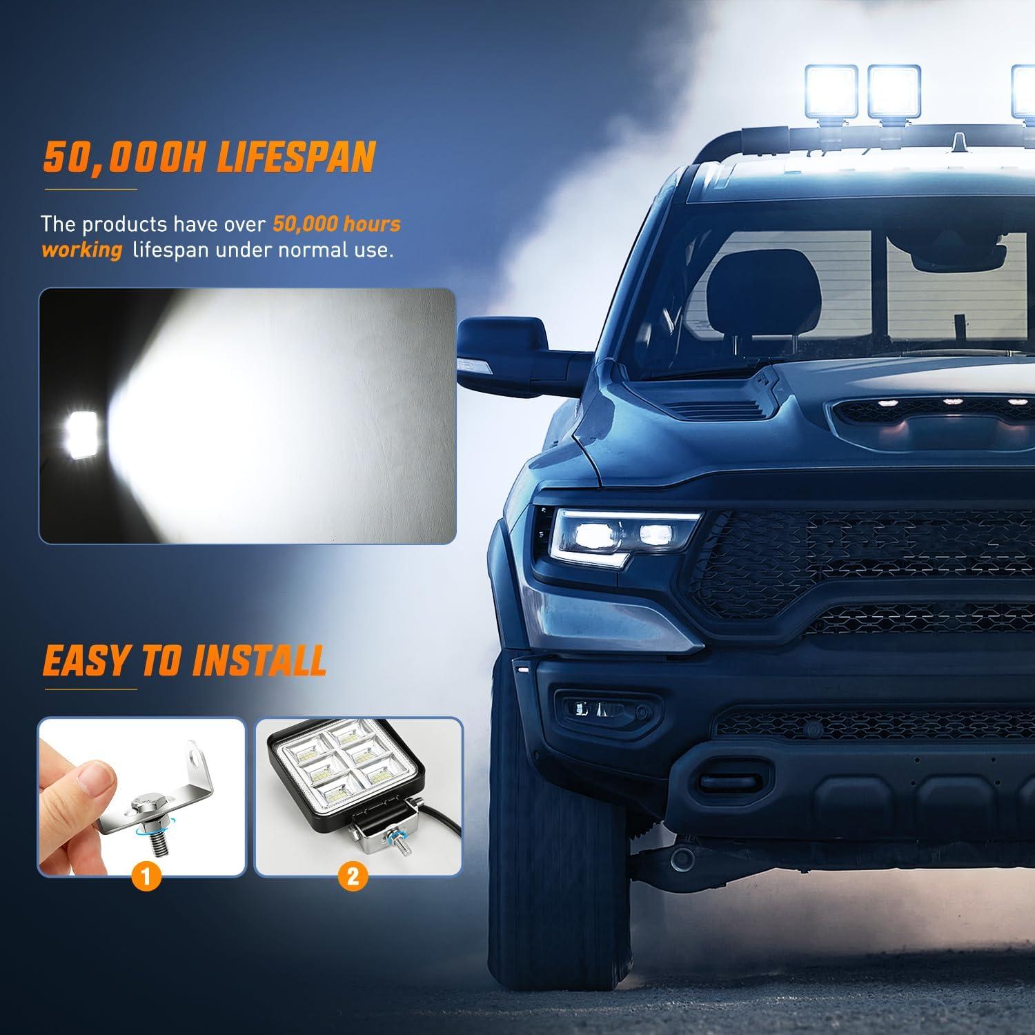 imageNilight LED Pods 2Pcs 45Inch 42W 4200LM Round Flood Light Off Road Fog Lights Driving Roof LED Light Bar Work Light for ATV UTV SUV Truck Boat 15017CBSquare 48LED Pod Lights