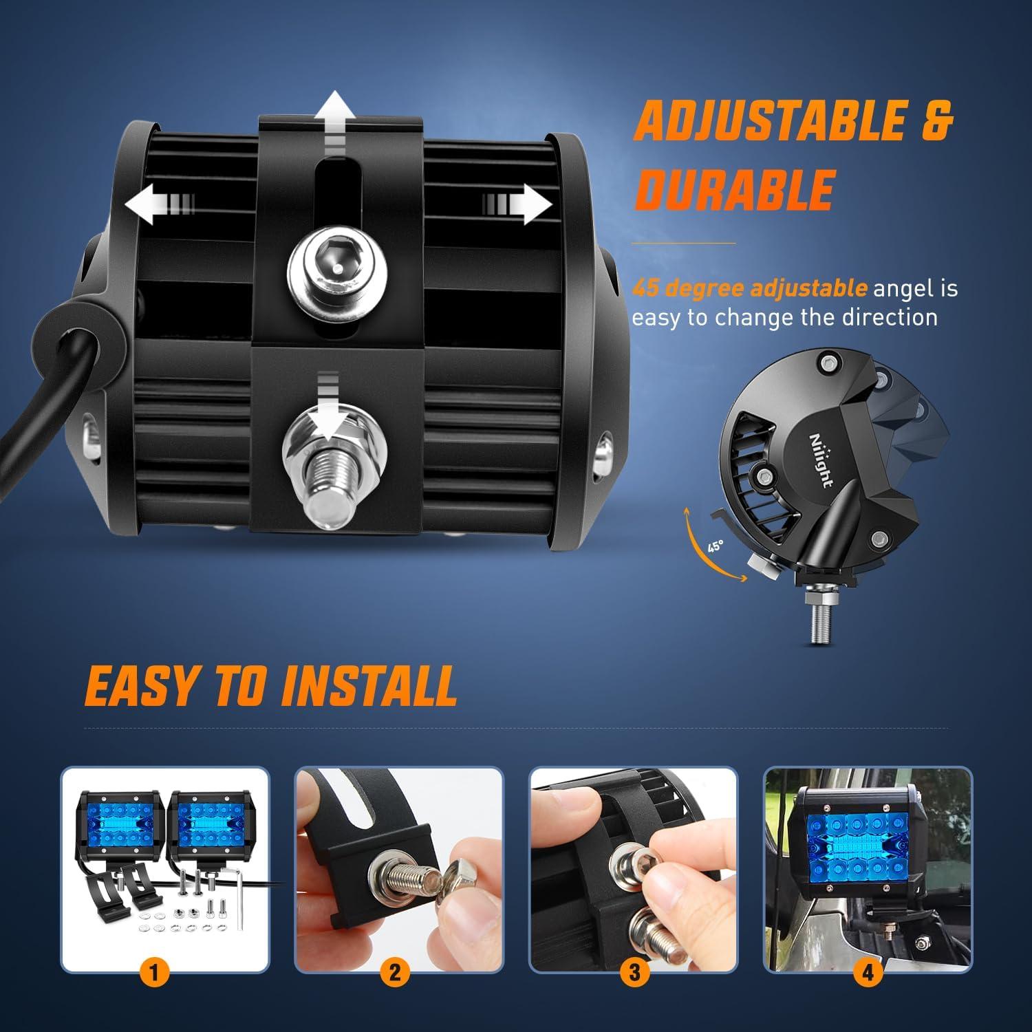 imageNilight Led Light Pods 2PC 4Inch 60W Flood Spot Combo Triple Row Driving Lamp Roof Bumper Off Road LED Work Lights Pods for Van Camper Wagon Car Pickup Golf Cart ATV UTV SUV Truck Boat 4x4Blue Led Pods