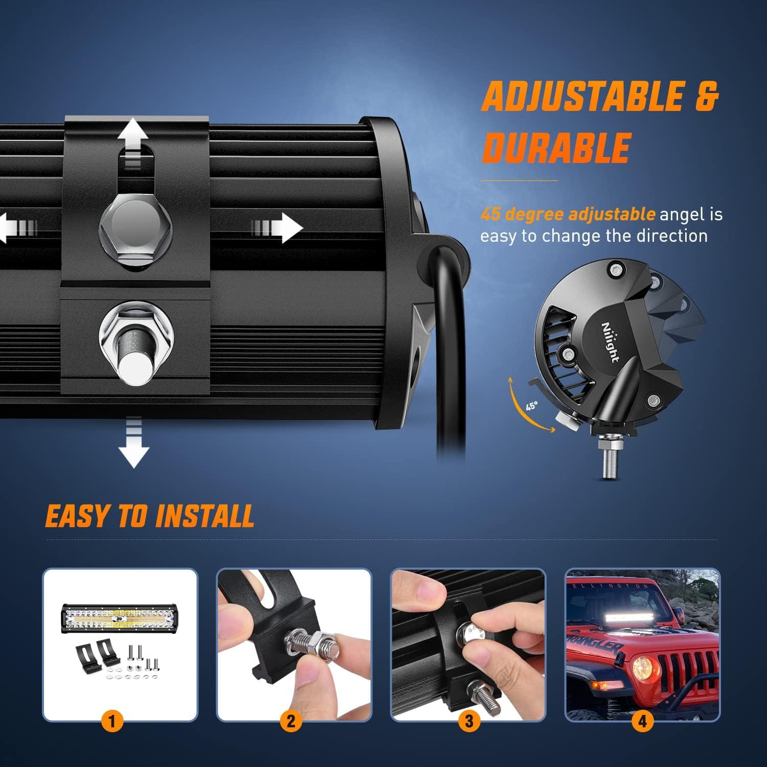 imageNilight ZH411A 12Inch 12 Inch 300W Triple Row Flood Spot Combo 30000LM Led Off Road Lights for Trucks with 16AWG Wiring Harness Kit2 Years Warranty1PC Amber White 6 Modes Lights Wiring