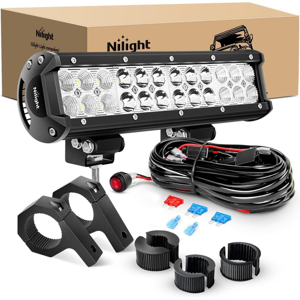 imageNilight 12 Inch 72W LED Light Bars Spot Flood Combo OffRoad Light Mounting Bracket Horizontal Bar Tube Clamp With Off Road Wiring Harness 2 Years Warranty72W Light Clamp Mounting Wiring harness