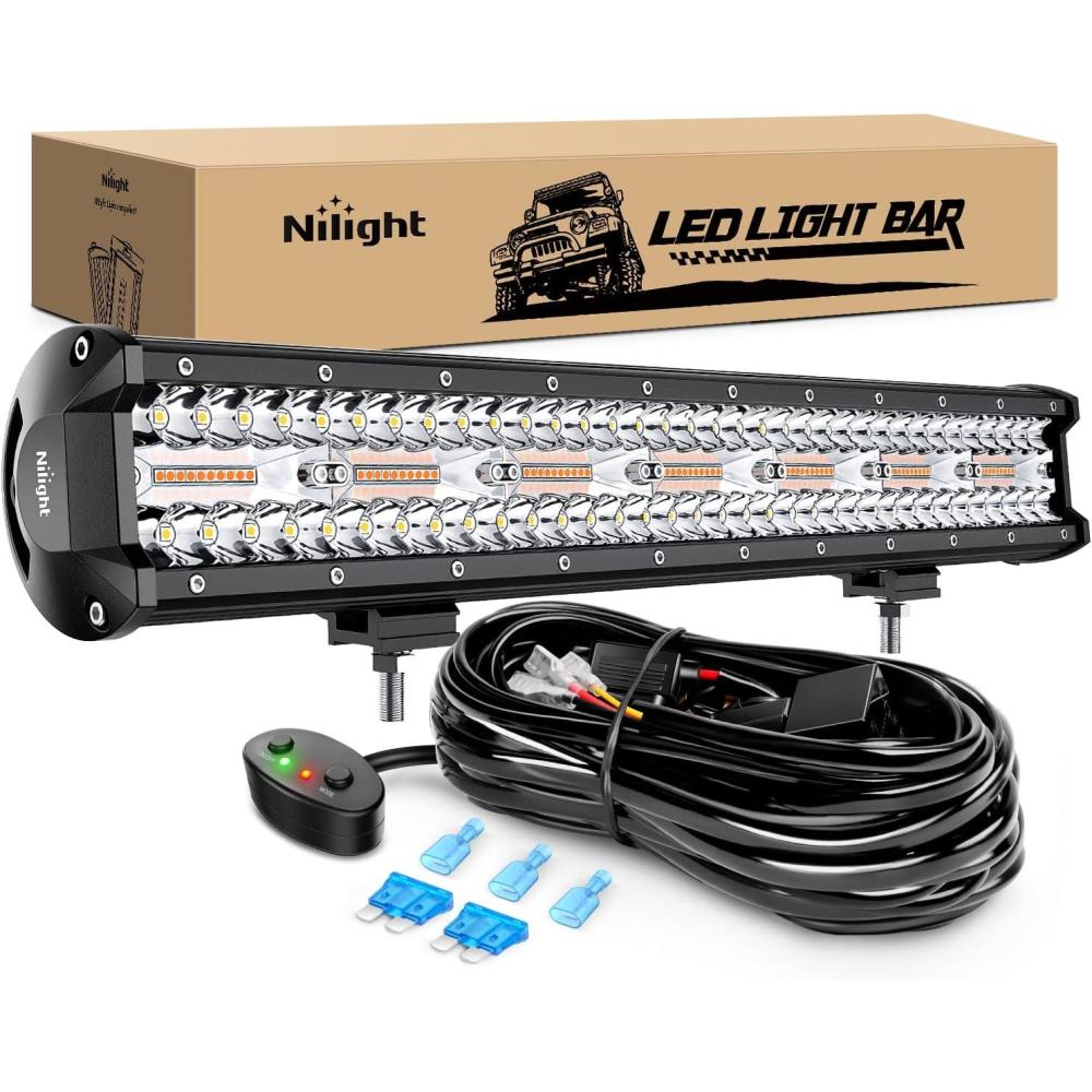 imageNilight 20 Inch 420W LED Light Bar Yellow Triple Row Flood Spot Combo 42000LM Driving Boat Led Off Road Lights with 12V OnOff 5 16AWG Wiring Harness Kit 2 Years WarrantyAmber White 6 Modes