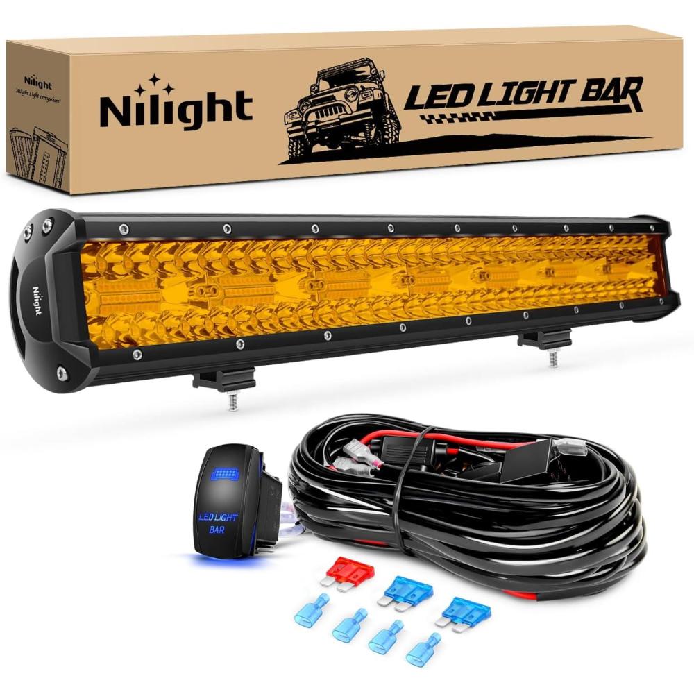 imageNilight 20 Inch 420W LED Light Bar Yellow Triple Row Flood Spot Combo 42000LM Driving Boat Led Off Road Lights with 12V OnOff 5 16AWG Wiring Harness Kit 2 Years Warranty1Pcs 420W Led LightWiring Harness