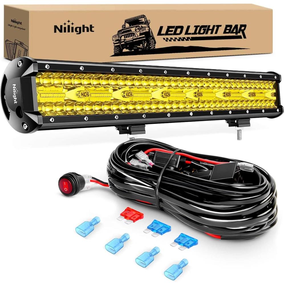 imageNilight 20 Inch 420W LED Light Bar Yellow Triple Row Flood Spot Combo 42000LM Driving Boat Led Off Road Lights with 12V OnOff 5 16AWG Wiring Harness Kit 2 Years WarrantyYellow