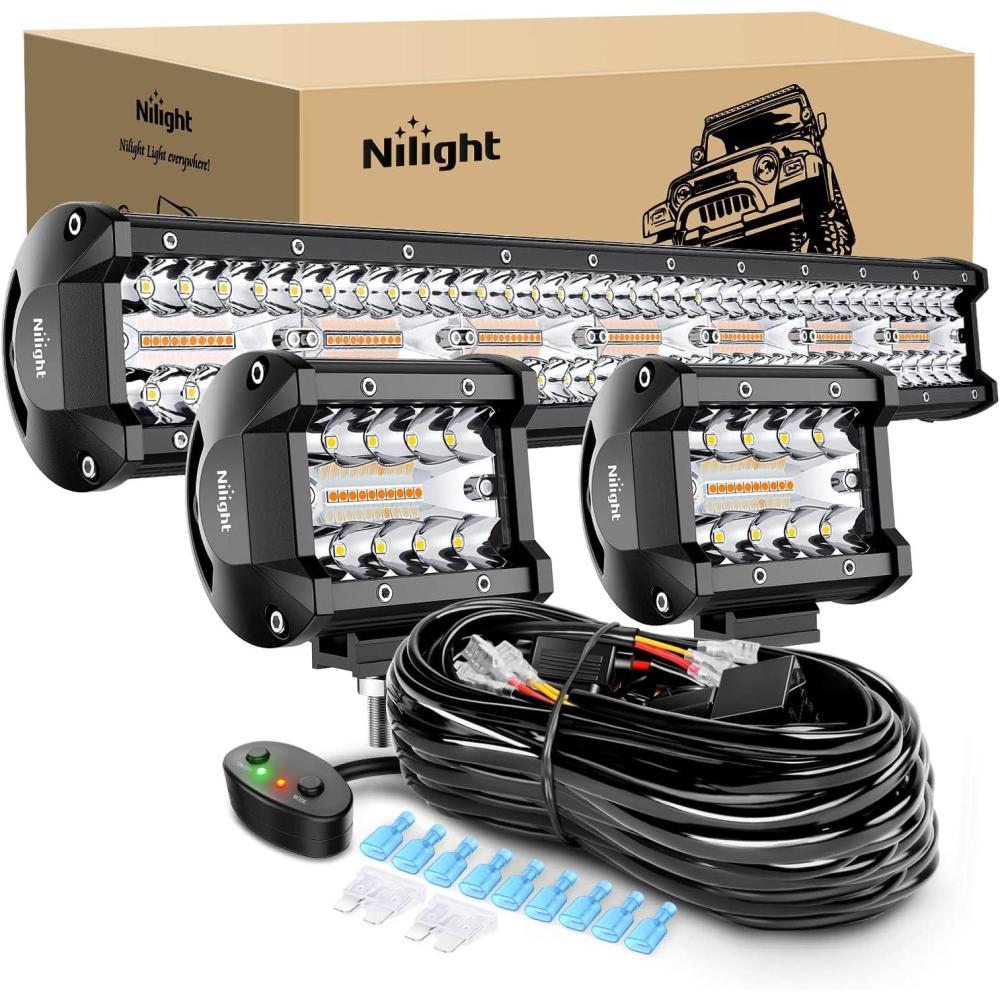 imageNilight 20Inch 420W LED Light Bar 2PCS 4Inch 60W Light Pods Amber White Strobe 6 Modes Memory Function Reset Function Off Road Truck with 16AWG Wiring Harness Kit3 LeadAmberWhite 6 Modes