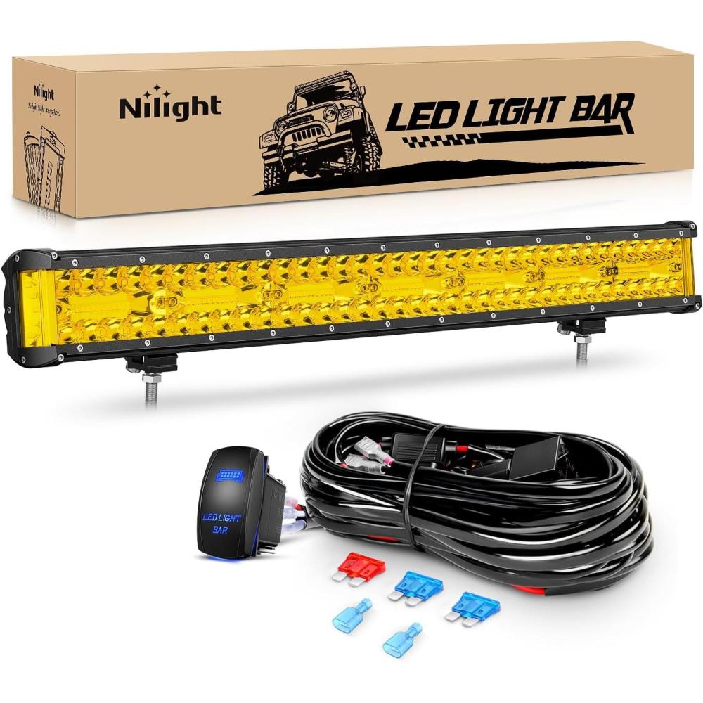 imageNilight 20Inch 420W LED Light Bar 2PCS 4Inch 60W Light Pods Amber White Strobe 6 Modes Memory Function Reset Function Off Road Truck with 16AWG Wiring Harness Kit3 LeadYellow Side Shooter Light  Wiring Harness