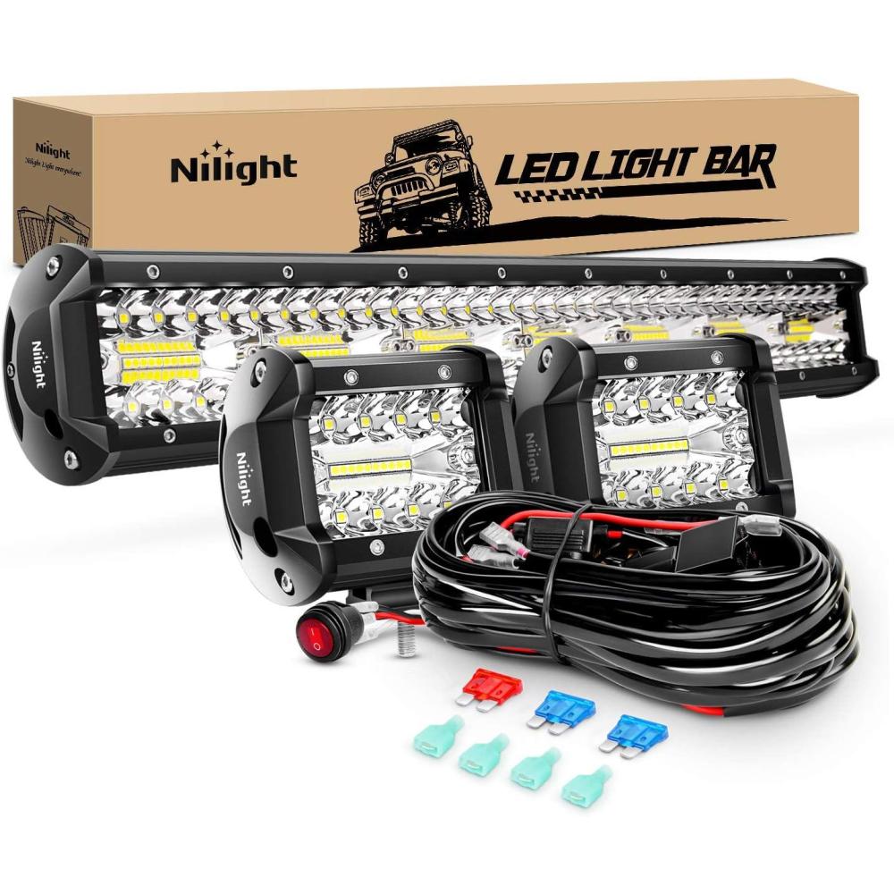 imageNilight 20Inch 420W LED Light Bar 2PCS 4Inch 60W Light Pods Amber White Strobe 6 Modes Memory Function Reset Function Off Road Truck with 16AWG Wiring Harness Kit3 Lead20Inc Lights2Pcs 4Inch LightsWiring Harness