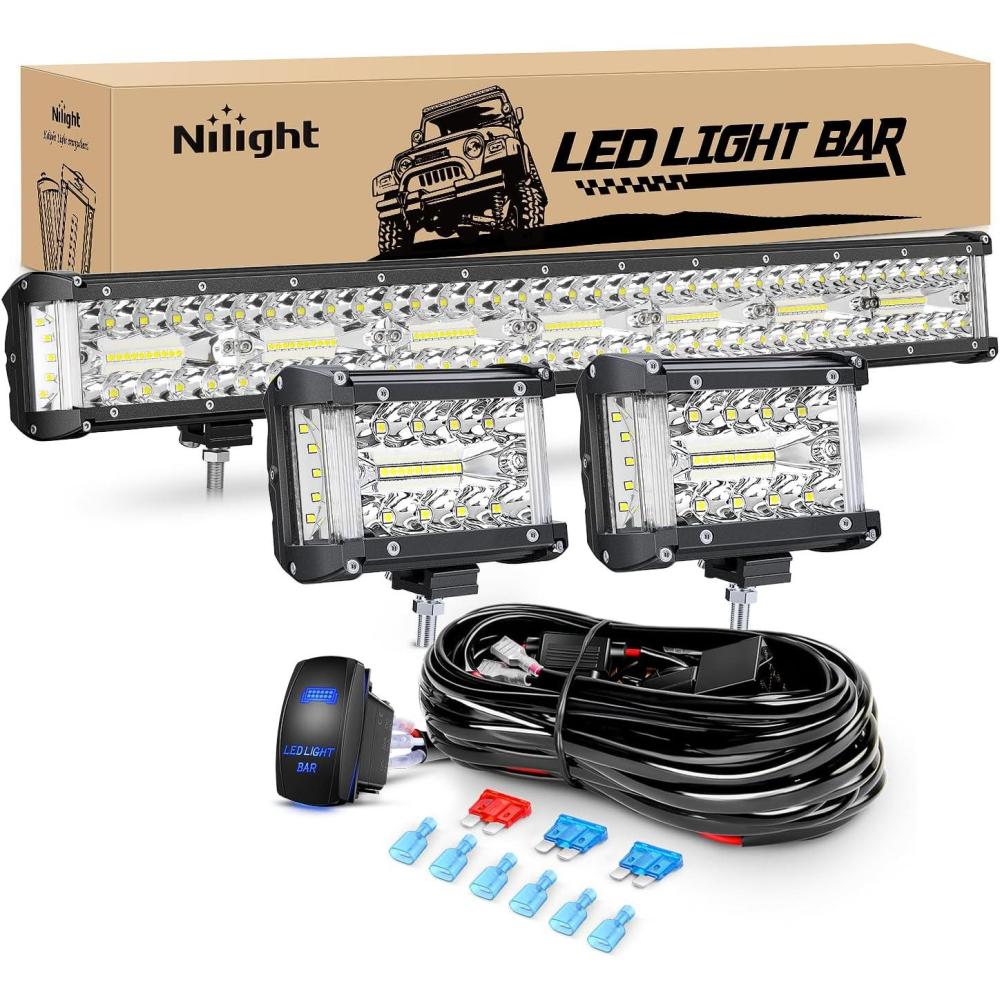 imageNilight 20Inch 420W LED Light Bar 2PCS 4Inch 60W Light Pods Amber White Strobe 6 Modes Memory Function Reset Function Off Road Truck with 16AWG Wiring Harness Kit3 LeadWhite Side Shooter Light PodsWiring Harness
