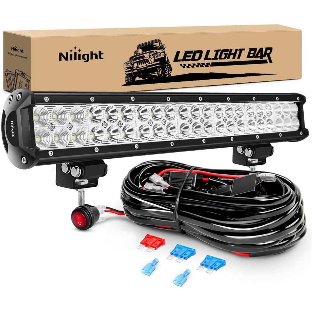 imageNilight 22 Inch Side Shooter LED Light Bar Quadruple Row Spot Flood Combo Lights wWiring Kit for Fog Driving Work Lighting on Truck Tractor SUV ATV UTV Golf Cart Boats20Inch 126W Lights  Wiring Harness