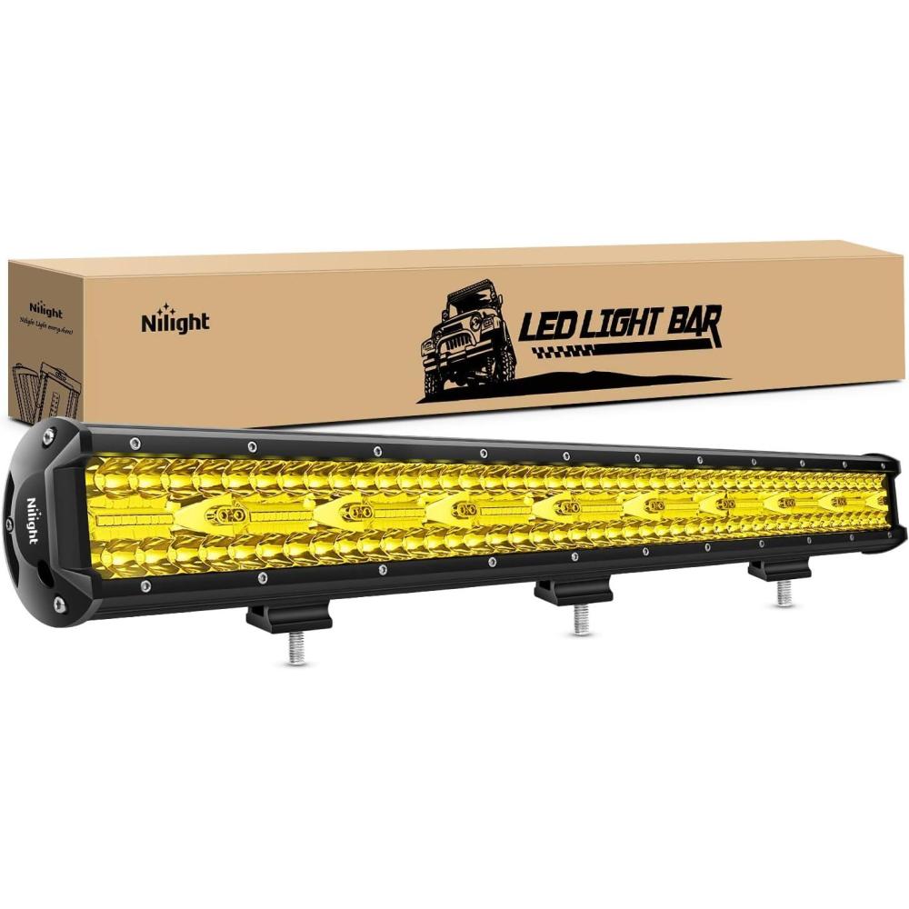 imageNilight 26Inch 540W LED Light Bar Spot Flood Amber White Strobe 6 Modes with Memory Function OffRoad Truck Car ATV SUV Cabin Boat with 16AWG Wiring Harness Kit1 Lead26Inch Light Yellow