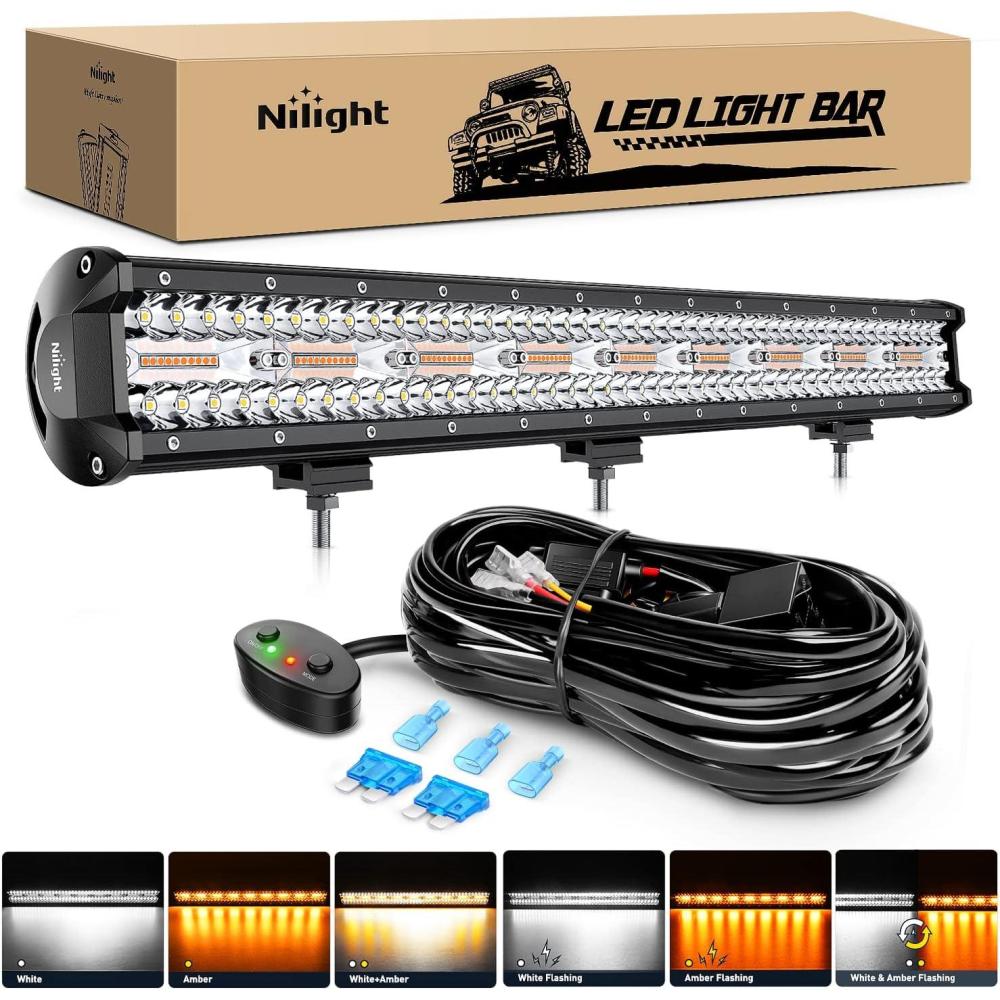 imageNilight 26Inch 540W LED Light Bar Spot Flood Amber White Strobe 6 Modes with Memory Function OffRoad Truck Car ATV SUV Cabin Boat with 16AWG Wiring Harness Kit1 Lead26Inch Light AmberWhite wWiring Harness