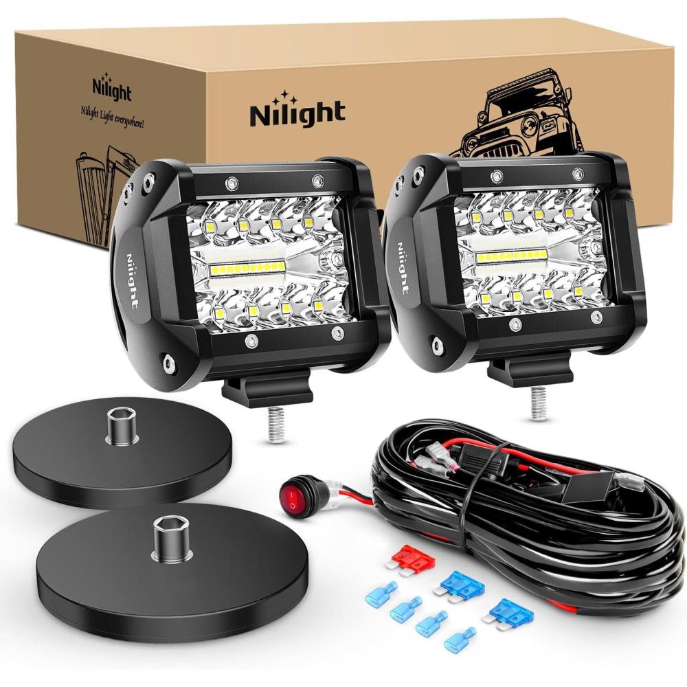 imageNilight 2PC 4Inch Triple Row Lights 60W Flood Spot Combo 6000LM Bar Driving Boat Led Off Road Trucks with 12V OnOff 5 Pin Rocker Switch Power 16AWG Wiring Harness Kit2 LeadsLed Pods Magnetic Base Wiring Harness