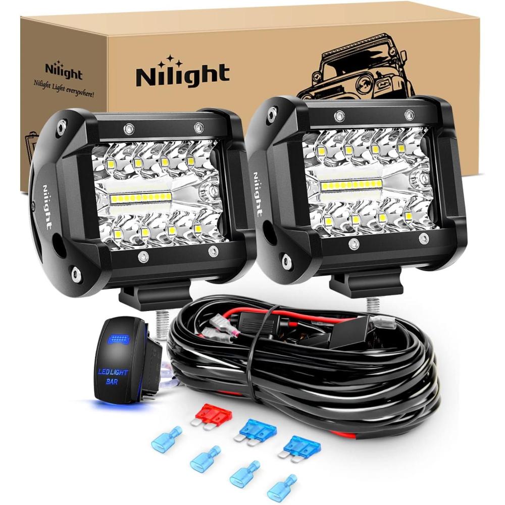 imageNilight 2PC 4Inch Triple Row Lights 60W Flood Spot Combo 6000LM Bar Driving Boat Led Off Road Trucks with 12V OnOff 5 Pin Rocker Switch Power 16AWG Wiring Harness Kit2 LeadsLed Pods Wiring Harness