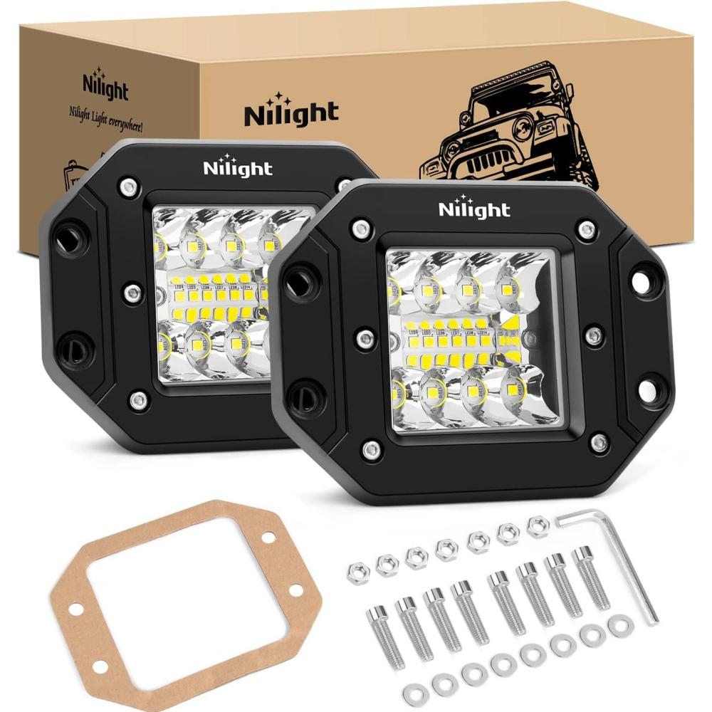 imageNilight 2PCS 42W Flush Mount LED Light Pods Spot Flood Combo Backup Reverse Driving Headlamp Mount on Bumper Grille for 4x4 Offroad Truck SUV2Pcs 42W LED Pods
