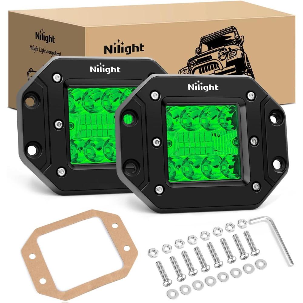 imageNilight 2PCS 42W Flush Mount LED Light Pods Spot Flood Combo Backup Reverse Driving Headlamp Mount on Bumper Grille for 4x4 Offroad Truck SUVGreen Light