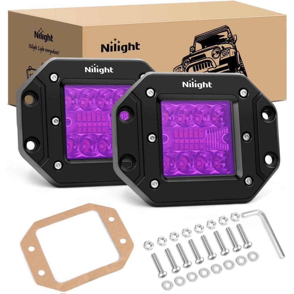 imageNilight 2PCS 42W Flush Mount LED Light Pods Spot Flood Combo Backup Reverse Driving Headlamp Mount on Bumper Grille for 4x4 Offroad Truck SUVPurple Light