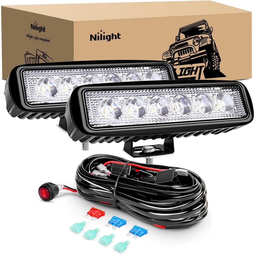 imageNilight 2Pcs 18w Spot LED Work Lights LED Pods Fog Lights Off Road Led Lights Driving Lights with16AWG Off Road Wiring Harness Kit2 Leads18W Lights  Wiring Harness