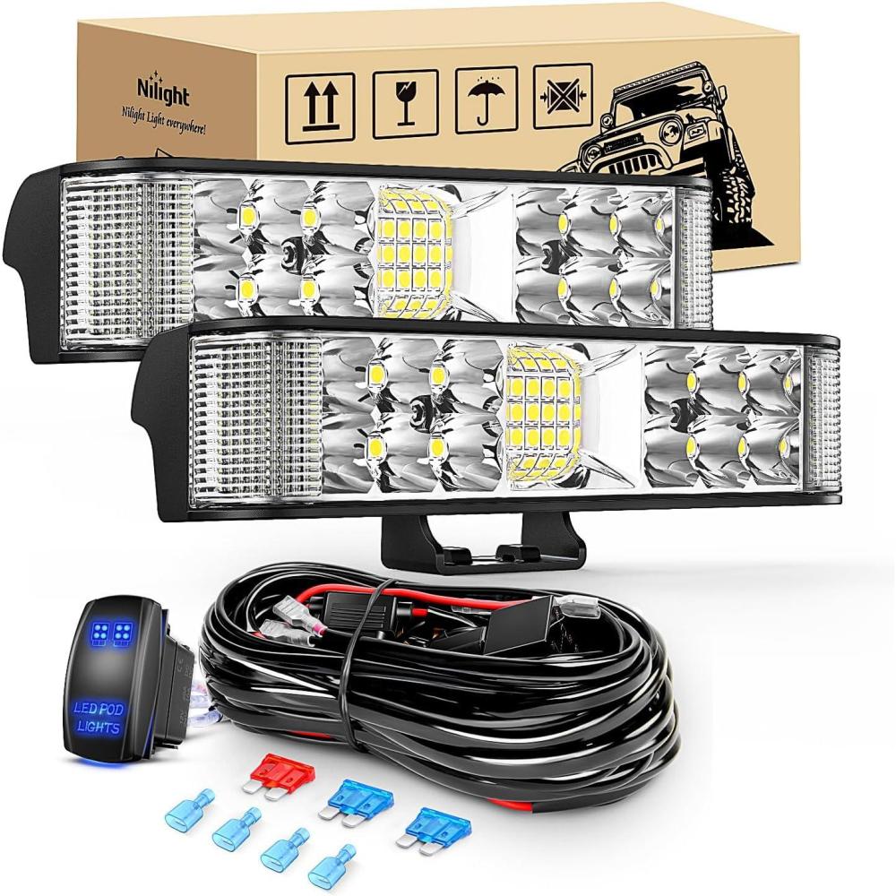 imageNilight 2Pcs 18w Spot LED Work Lights LED Pods Fog Lights Off Road Led Lights Driving Lights with16AWG Off Road Wiring Harness Kit2 Leads60W Side Shooter Light  Wiring Harness