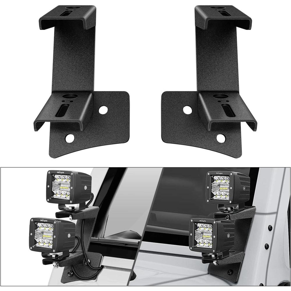 imageNilight 2Pcs Windshield Hinge Mounting Brackets Dual APillar for Offroad LED Fog Light Pods for 2018 2019 2020 2021 2022 2023 Wrangler JL20202023 Gladiator JT 2 Years WarrantyBlackDual APillar JK 20072017