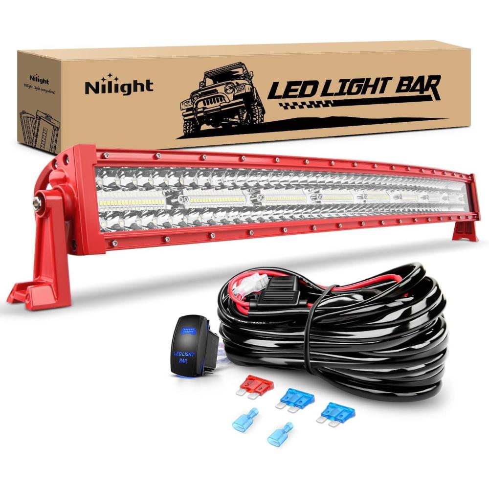 imageNilight 32 Inch 180W Spot Flood Combo Led Light Bar 2Pcs 18W 4Inch Spot LED Pods Driving Off Road Lights with 14AWG Wiring Harness Kit3 Leads for Van Car Pickup Golf Cart ATV UTV SUV Truck Boat33Inch 256LEDs Curved Red Shell Wiring harness