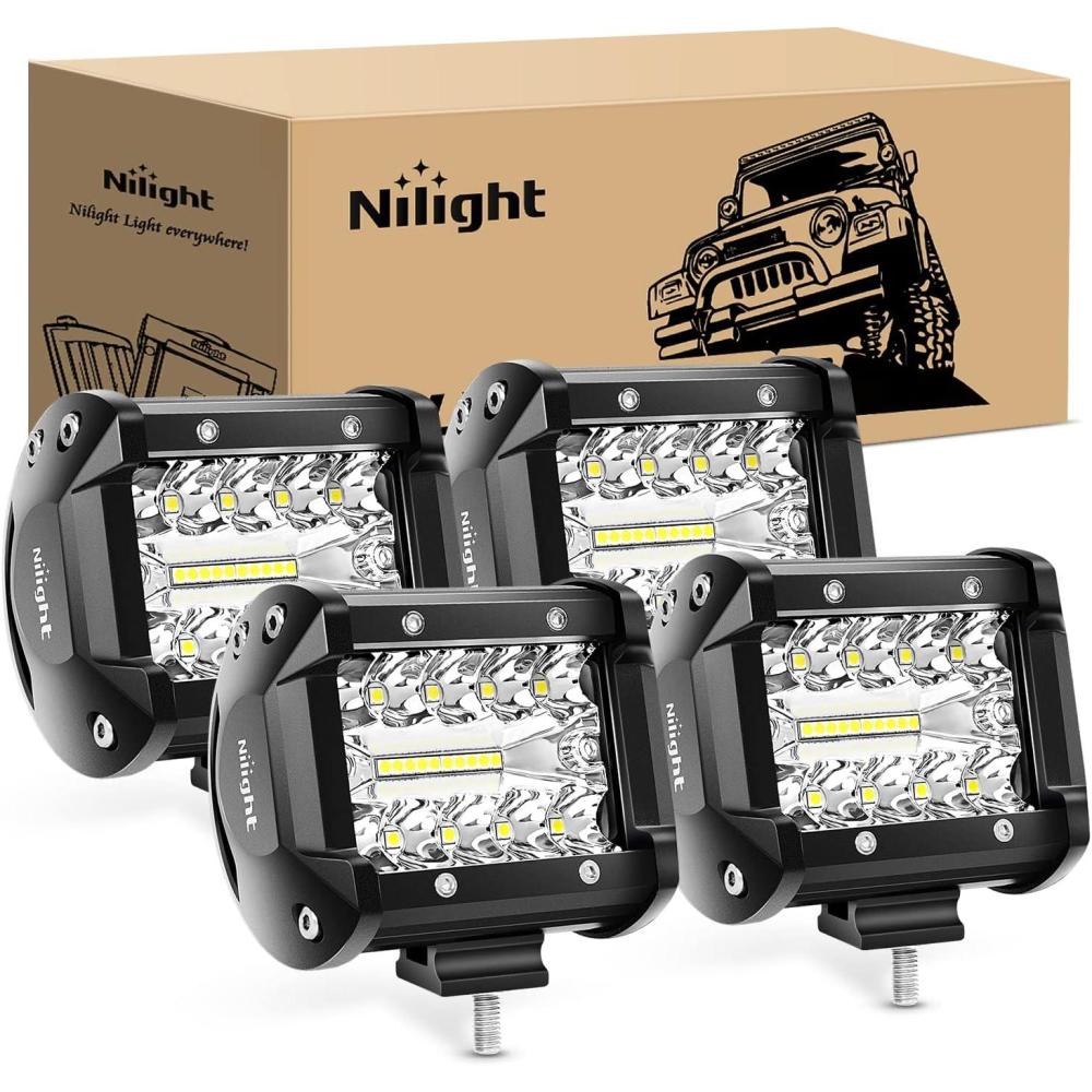 imageNilight 4Pcs LED Pods 4Inch 60W Triple Row Flood Spot Combo 6000LM Light Bar Driving Fog Lights Off Road Lighting for Trucks Pickup Golf Cart SUV ATV UTV 4x4 Van Camper Boat4 Pack