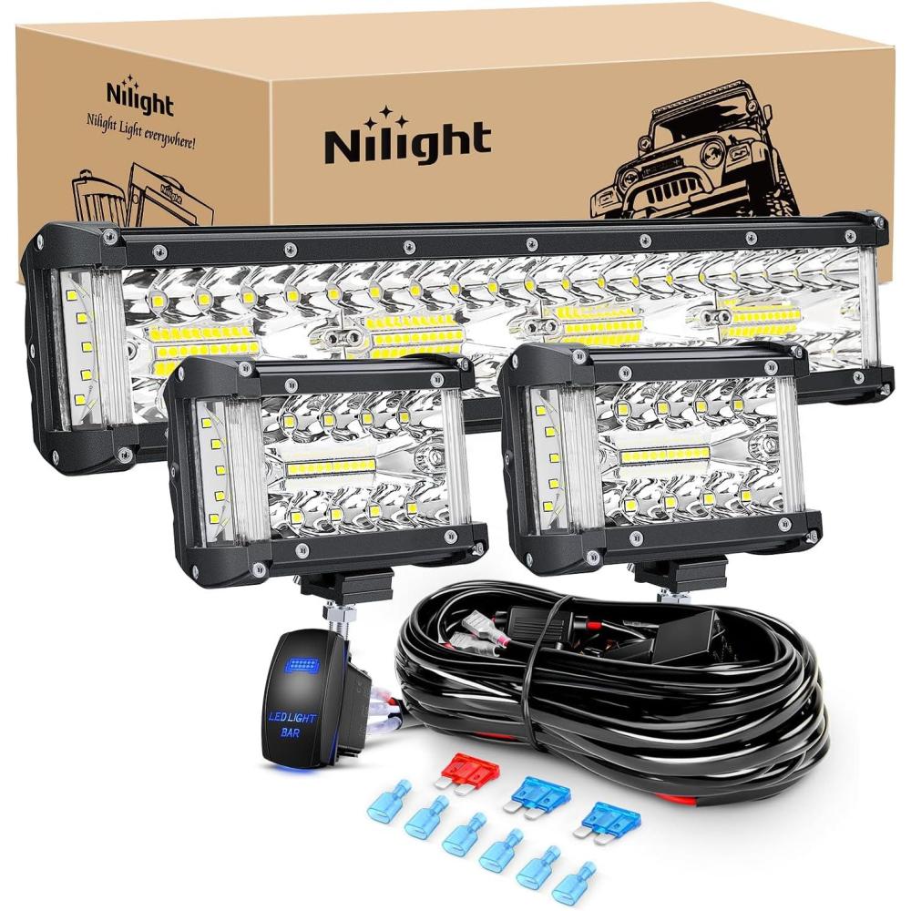imageNilight LED Light Bar 12Inch 300W Flood Spot Combo Triple Row Driving Lamp Roof Bumper Off Road Work Lights for Van Camper Wagon Car Pickup Golf Cart ATV UTV SUV Truck Boat 4x4White Side Shooter Light PodsWiring Harness