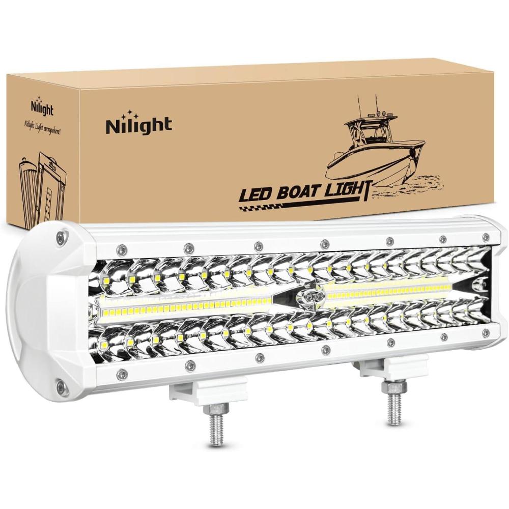 imageNilight LED Light Bar 12Inch 300W Flood Spot Combo Triple Row Driving Lamp Roof Bumper Off Road Work Lights for Van Camper Wagon Car Pickup Golf Cart ATV UTV SUV Truck Boat 4x4White Shell with White Light
