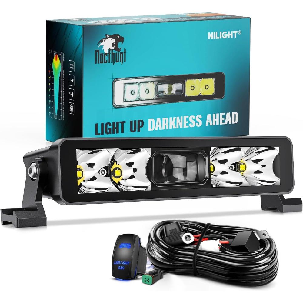 imageNilight LED Light Bar 32 Inch 29LED Single Row Spot ScrewLess Night Vision Off Road Driving Lights w16AWG Rocker Switch Wiring Harness Kit for Truck ATV UTV8Inch 5Led Light Wiring Kit