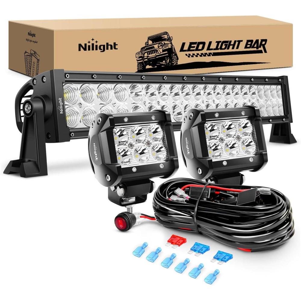 imageNilight LED Light Bar 7D 22Inch 150W Spot Flood Combo Beam Amber White Work Offroad Lighting Driving Fog Lights for SUV ATV UTV Pickup Truck Boat120W Light 2Pcs 18W LED Pods Wiring Harness