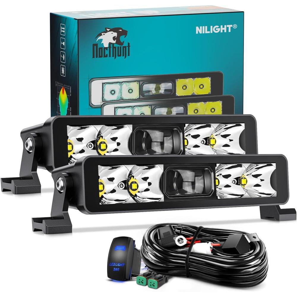 imageNilight LED Light Bar 8 Inch 5LED 2 PCS Single Row Spot LED Fog Screwless night vision Off Road Driving Lights w18AWG Rocker Switch Wiring Harness Kit for Truck ATV UTV2Pcs 8Inch 5Led Light Wiring Kit