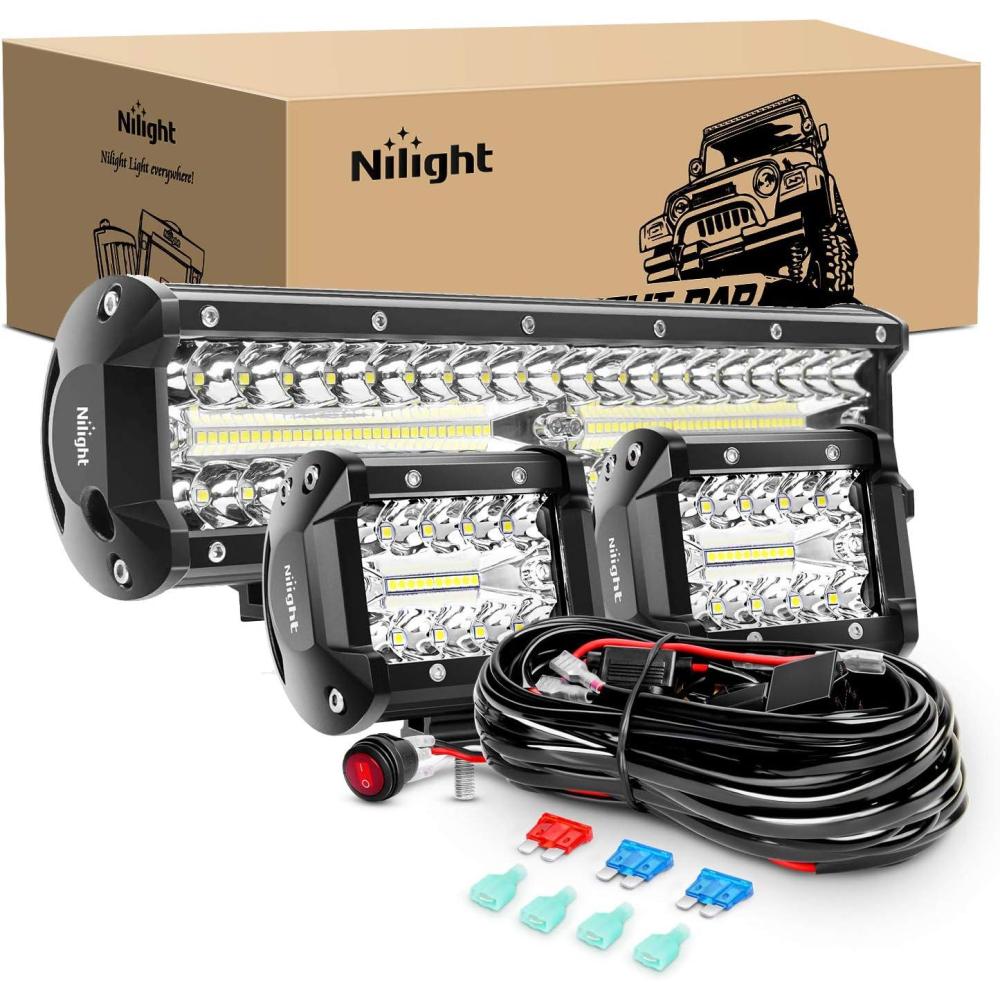 imageNilight LED Light Bar Set 12 Inch 300W Triple Row Spot Flood Combo Work Driving Lamp 2 Pcs 4 inch 60 W with Wiring Harness for Off road ATV Boat Lighting Year Warranty12Inch lights  4Inch pods Wiring Harness