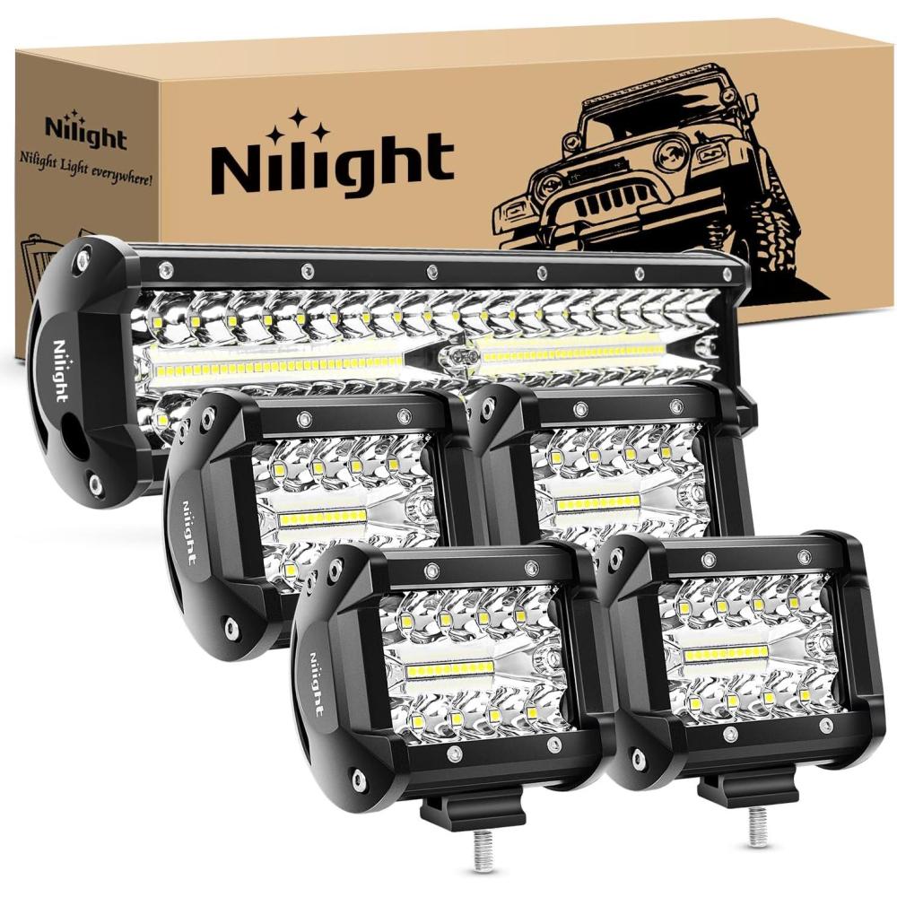 imageNilight LED Light Bar Set 12 Inch 300W Triple Row Spot Flood Combo Work Driving Lamp 2 Pcs 4 inch 60 W with Wiring Harness for Off road ATV Boat Lighting Year Warranty12Inch lights  4Pcs 4Inch pods