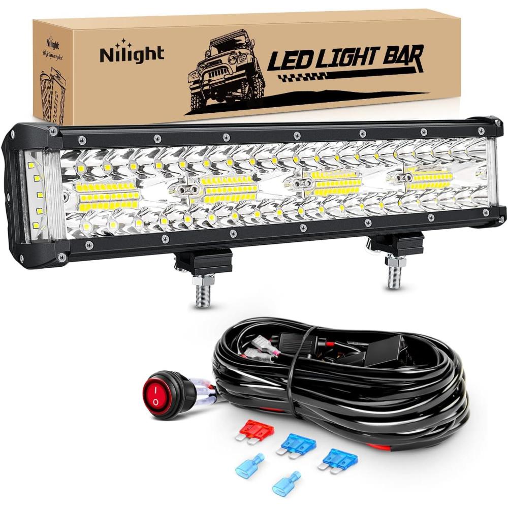 imageNilight LED Light Bar Set 12 Inch 300W Triple Row Spot Flood Combo Work Driving Lamp 2 Pcs 4 inch 60 W with Wiring Harness for Off road ATV Boat Lighting Year Warranty135Inch Side Shooter Light  Wiring harness
